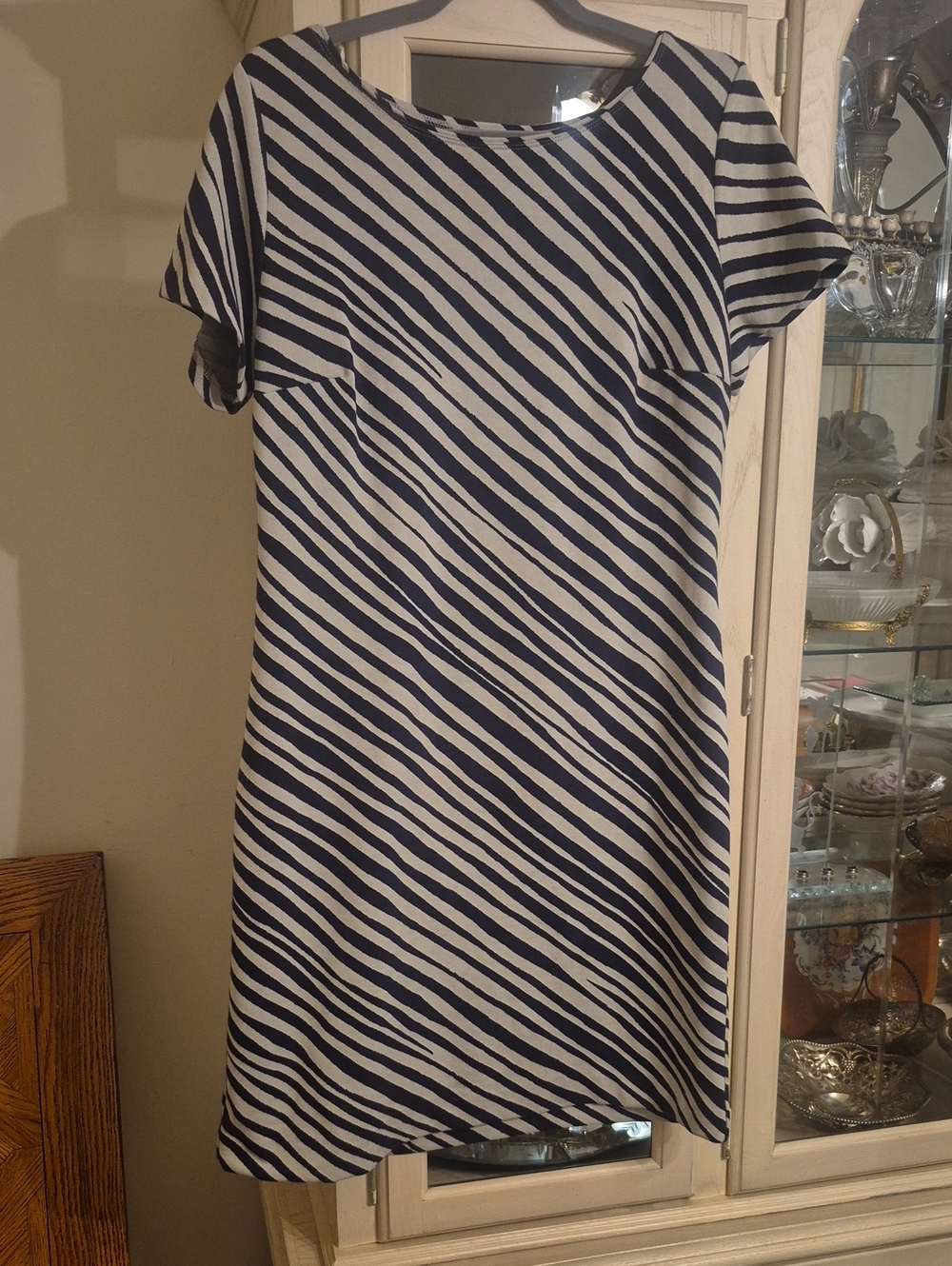 Ann Taylor Navy and White Diagonal Stripe Shift Dress